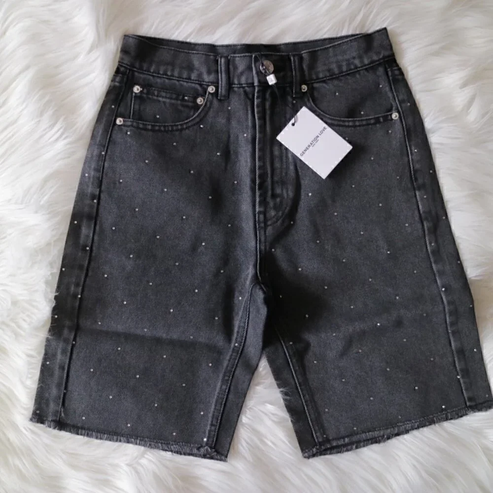NEW Generation Love Denim Shorts Size 0 Black Freya Crystal High Waist